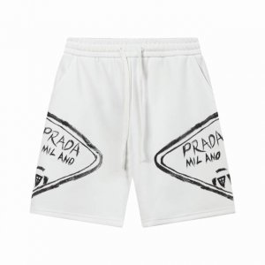 prada 普拉达 黑墨涂鸦印花字母Logo标识刺绣 五分裤 高品质纯棉 面料 特别手感 超级质感 舒适柔软透气 休闲宽松版型 潮流男女同款 短裤 颜色 白色