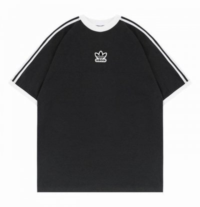 新款阿迪达斯Adidas 三叶草三条杠插肩撞色拼接Ins 领口螺纹针织情侣同款宽松落肩短袖T恤 面料: 260G重磅纯棉新疆长绒棉 采用特定重磅32S精棉平纹针