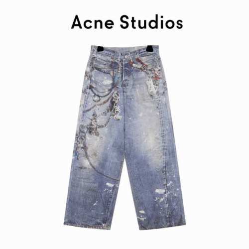元 顶级品质 款号：Sd011 款式：Acne Studios 24Ss 3D打印花裤链条挂件做旧泥染泼墨宽松休闲牛仔裤 面料：精棉斜纹布，牛仔色表面质感好。