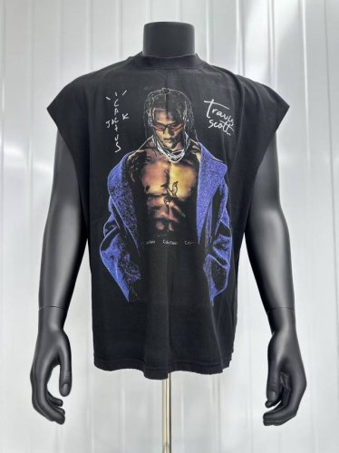 Vt003 Travis Scott斯科特Big Face人像演出限定浮夸搞怪印花复古水洗做旧无袖坎肩T恤 小领口设计 白墨数码直喷印花 手工磨破工艺 高街复古