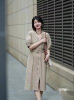 专柜同款百分百亚麻连衣裙 及膝纯色短袖V领长款连衣裙Smlxl