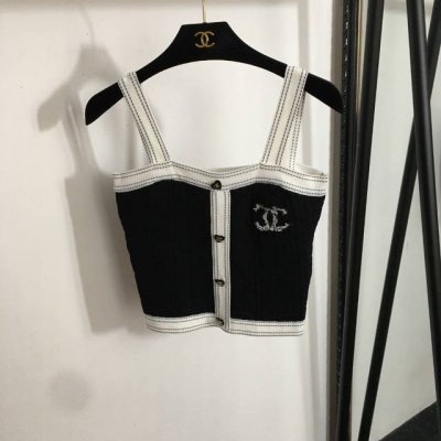 款号20252161 Chane*新款 小香Logo刺绣爱心纽扣针织吊带背心，黑色，Sml， L码；胸围72，长42