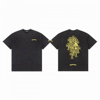 Chrome Hearts Ch 克罗心 后背黄色梵文十字架印花水洗做旧情侣圆领短袖T恤-顶级版本 Color：水洗黑 Size：S M L Number：25
