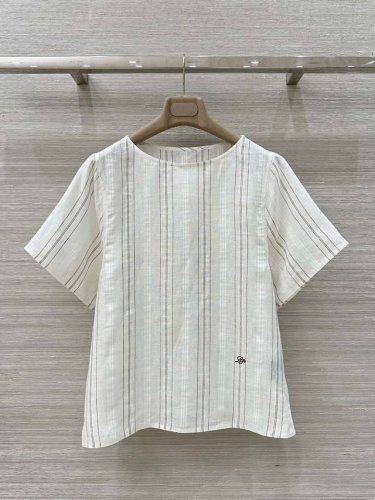 法国进口亚麻色织面料 独家首发，高端原单品质 Lp 老钱风穿搭，25早春新品，行走的高定休闲穿搭，定制色织竖条亚麻短袖上衣！高级原色亚麻老钱风，经典圆领H版型极