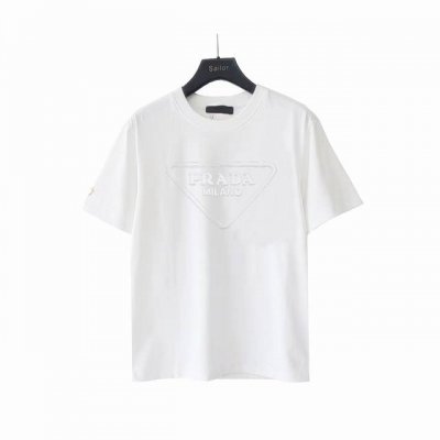 实拍细节图+尺码表 Prada~普拉达 经典凹凸压花工艺圆领短袖 潮男潮女时尚，无论是上身舒适度还是都是无可比拟的存在，可以说是夏日必备 独家270G定织定染高