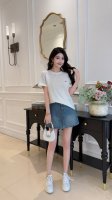 上衣 蓝色 杏色 Smlxl4个码 ~2025夏季新款棉麻小众设计字母后背拼蕾丝韩版休闲短袖宽松上衣 百搭休闲 时尚洋气 减龄甜美 S码尺寸:胸围100衣长56