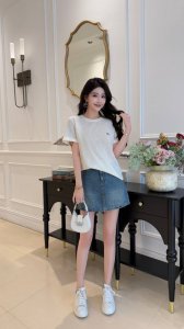 上衣 蓝色 杏色 Smlxl4个码 ~2025夏季新款棉麻小众设计字母后背拼蕾丝韩版休闲短袖宽松上衣 百搭休闲 时尚洋气 减龄甜美 S码尺寸:胸围100衣长56