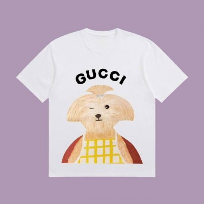 高端品质 Gucci 2025Fall 春夏系列 小狗短袖T恤 区别普通印花 定织270G32支双纱纯棉面料 宽松版型 男女同款 颜色：白 黑 杏 粉 Size