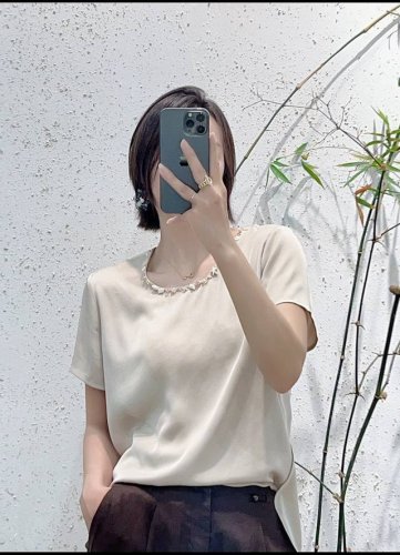 夏装上新 减龄法式 钉珠时尚百搭圆领短袖醋酸上衣 两色 杏色，白色S-Xl