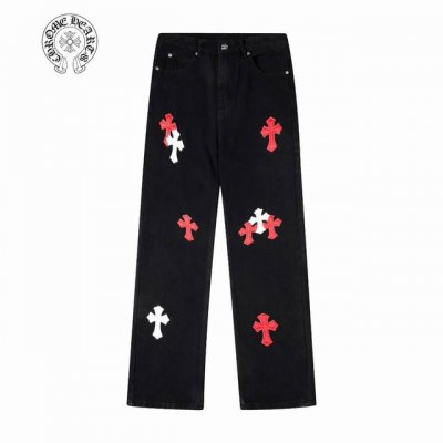 香港限定 上新 Chrome Hearts ｜克罗心 Ch香港城市限定系列 梵文十字贴布拼皮牛仔裤- 黑红配色 香港限定 潮流玩家们，克罗心香港城市限定牛仔裤震