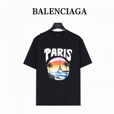 balenciaga 巴黎世家 沙滩画夜景铁塔印花短袖T恤 轻奢主义 男女日常通勤穿搭必备单品 正确版本 随意对比 详细特征 260克 % 纯棉双纱汗布面料 面