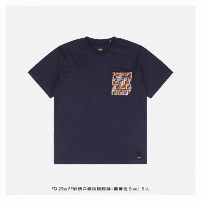 fendi 芬迪 25Ss Ff彩绣口袋拉链短袖-藏青色 定制50支双股丝光180G全棉面料，前胸口定位，车工口袋形狀，口袋19个F撞色线刺绣，后幅刺绣“Ff”