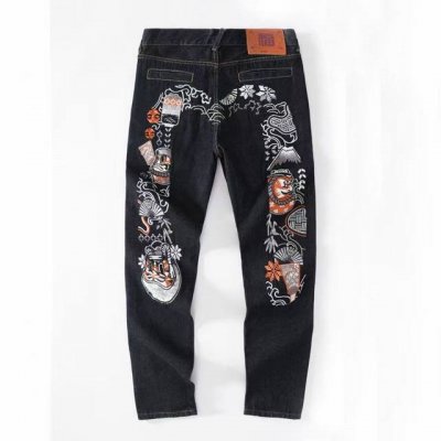 Evisu脏脏做旧牛仔长裤Evisu 福神牛仔裤 情侣款特供中山原厂原浆牛仔，面料环保，做旧拼接元素，和带有欧美风格的腰果花组合，与M的完美结合、个性十足做工精