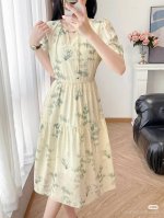 调价 爆款上新！竹叶古典新中式国风印花晕染连衣裙女夏季优雅气质时尚减龄中长裙温柔系夏V领泡泡袖碎花长款连衣裙 面料:竺麻丝 里布四面弹 图色 Smlxl