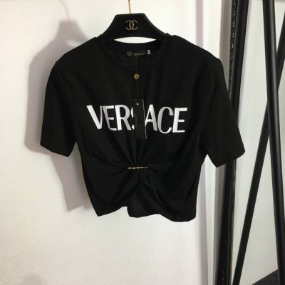 款号 3196 Versac*新款 字母印花 美杜莎别针绑带收腰短款露脐短袖T恤，蓝色，绿色，酒红色，大红色，黑色，白色，S-Xl， M码；肩宽39，胸围90，