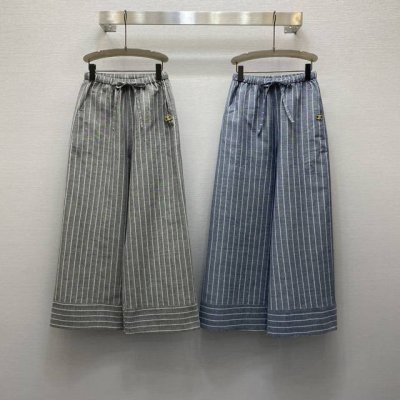 C*25Ss 气质松紧高腰金属扣点缀显瘦条纹阔腿裤 高级面料 颜色:图片2色 面料 亚麻面料 Smlxl