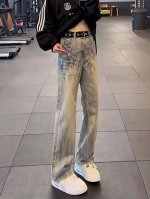 款号Xk3019 美式Cleanfit闪电纹牛仔裤男女设计感痞帅裤子高街Vibe直筒微喇裤，面料定制经过一流的高工艺水洗 ，质地紧密 色泽均匀 纹理清晰，上身非
