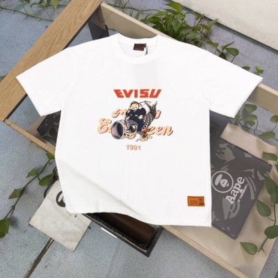 上新 款号：F646 2025新款Evisu福神渔夫锦鲤图案Logo字母印花休闲情侣圆领短袖T恤，经典永远不会过时、人手必备款，230G纯棉精梳棉不起球不起毛，