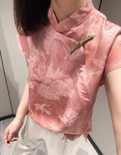 上新重磅好货 新中式 100%桑蚕丝冠乐邹衬衫 复古国风盘扣气质高端香云纱衬衫 灰色 粉色 绿色 Smlxl