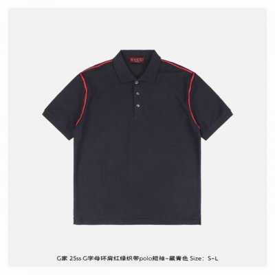 gucci 古驰 25Ss G字母环肩红绿织带polo短袖-藏青色 面料采用原版定制 G全棉朱地布料 螺纹染色原版一致 原版定制红绿织带 衣服肩部两侧织带设计
