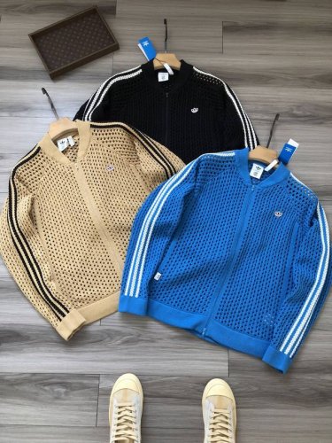 Adidas Orginals X Clot 联名款 冠希哥同卵阿迪 三叶草 三条杠提花 徽标字母Logo刺绣 男女款复古网状镂空棒球领拉链针织衫开衫. 颜色：