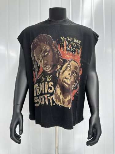 Vt020 Travis Scott斯科特Big Face人像演出限定浮夸搞怪印花复古水洗做旧无袖坎肩T恤 小领口设计 白墨数码直喷印花 手工磨破工艺 高街复古