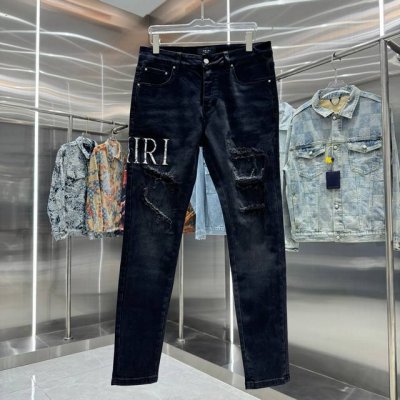 amiri 破洞字母刺绣街头潮流修身小脚弹力牛仔裤 颜色 黑色 码数 30 32 34 36 38