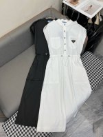 prad* 25Ss新款立领连衣裙 经典三角标装饰 抽绳束腰设计 时尚大方 两色三码Smla807P