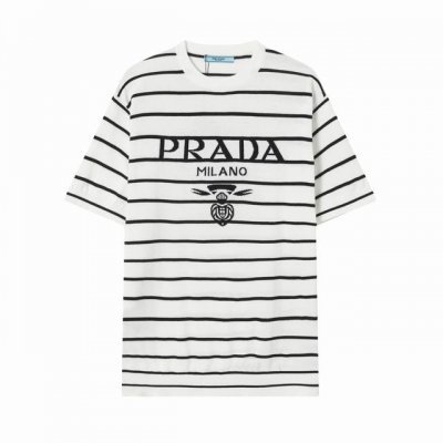 z206# prada普拉达 针织圆领拼接经典Logo短袖T恤 注重细节 最求品质 男女同款 颜色：黑色 白色 码数：Xs S M L