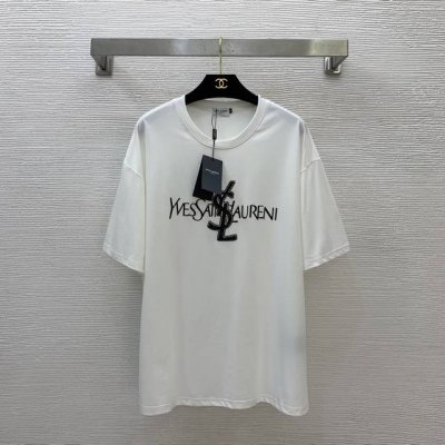 款号D25051057 圣罗兰Ysl新款 镶钻钉珠字母硅胶Logo宽松百搭Pt恤P！黑色、白色、 M码：肩宽54，袖长23，胸围110，衣长72