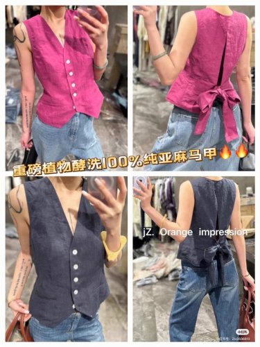 上衣 重磅植物酵洗100%纯亚麻面料 轻奢高街时髦感气质新款高端气质后背镂空蝴蝶结背心马甲 亚麻有 天然空调 之称 吸湿性能高 自然风的回归 天然 有机 绿色