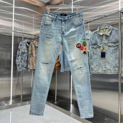 amiri 破洞贴布图案刺绣街头潮流修身小脚弹力牛仔裤 颜色 浅蓝色 码数 30 32 34 36 38