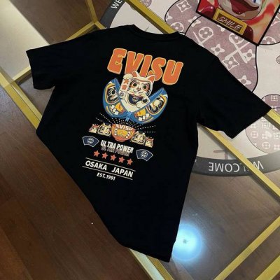 evisu 福神 2025春季新品男士招财猫时尚印花潮流休闲短袖T恤 颜色：黑色 白色 码数S-Xxl S码 肩宽46.6 胸围106 衣长68 适合身材 -