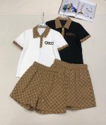 gu33* 25Ss新款老花面料拼接polo衫短裤套装 字母贴皮绣花装饰 休闲款 两色三码Sml