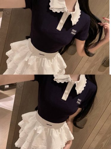 短袖 裙子 Miumiu缪缪字母刺绣撞色蕾丝花边Polo翻领短袖 蕾丝边蓬蓬蛋糕裙 款号：25670505327 颜色：图片色 尺码：Sml S码80-95斤