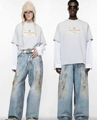 6001# Acne Studios25Ss新款珠光幻彩泥染牛仔长裤.波澜光线工艺.采用贝壳磨成粉在用烫画工艺.做旧水洗工艺.宽松版型.男女同款 码数：Xs.S