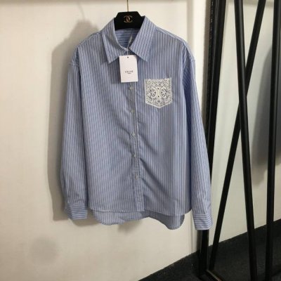 款号20252052 Celin*新款 蕾丝口袋纯棉长袖条纹衬衣，蓝色，Sml， M码；肩宽51，胸围120，袖长62，衣长71-78
