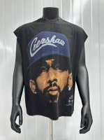 Vt010 致敬尼普西 哈赛尔Nipsey Hussle说唱歌手Big Face人像复古水洗做旧坎肩无袖T恤 小领口设计 白墨数码直喷印花 手工磨破工艺 高街复