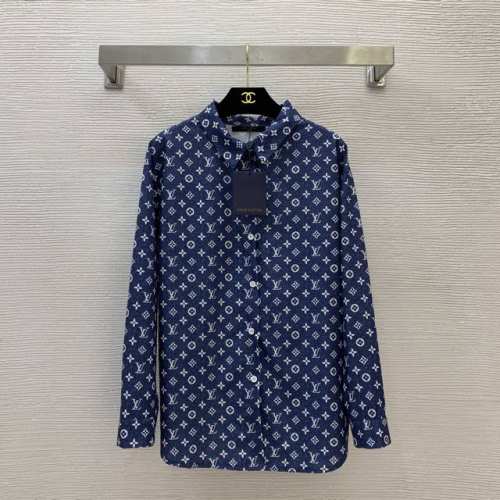 款号D25061287 Louis*驴家Lv新款 通体老花字母Logo印花宽松显瘦系扣翻领弧摆P衬衣！蓝色， S码：肩宽49，胸围100，袖长53，衣长71