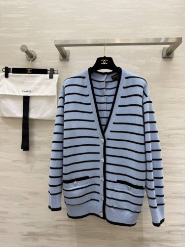 chane2春夏新品Look 甜美又温柔蓝色条纹中长开衫外套 100%：山羊绒. 高品质定制，现货首发Size：36 38 40