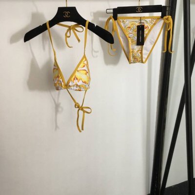 款号 4929 Dg*新款比基尼分体泳衣套装，复古花纹印花系带内衣+三角内裤，黄色，S-Xl，