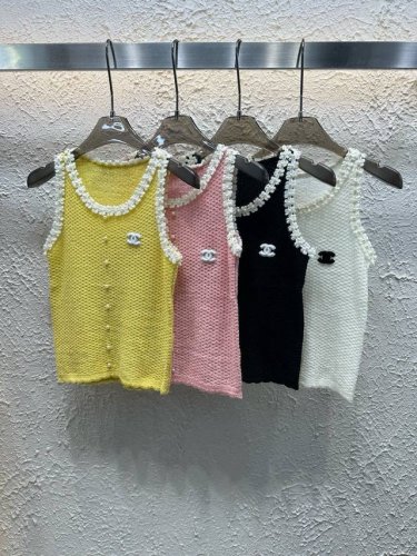 chanel香奈儿小香立体双C钉珠花边针织背心 款号 25670105751 颜色 黄色 粉色 黑色 白色 尺码 均码 80-125斤