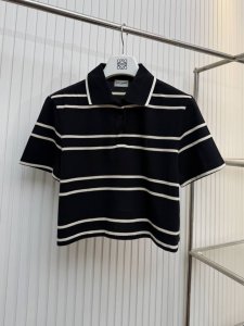 女款 Slp圣罗兰25Ss撞色条纹Ysl刺绣珠地棉短袖Polo Size:S M L
