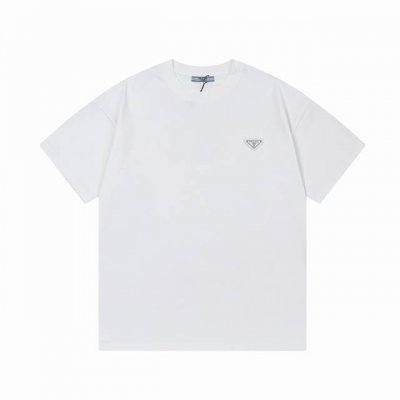 高版本 prada 普拉达 2025新款 定制310G双纱纯棉面料 定制金属三角章 梭织拼接 印花Logo 男女同款 短袖T恤 颜色：白色 尺码：S-Xl