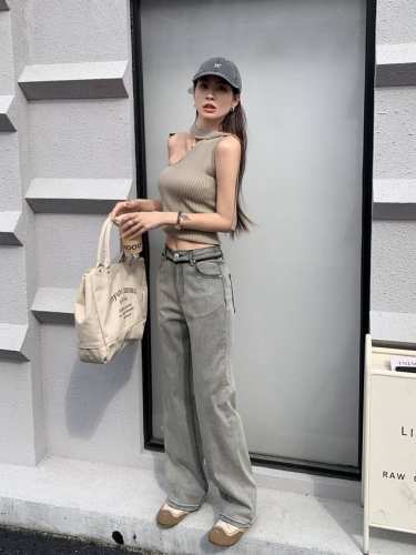 P270。 新款 普拉达浅灰色女裤 弹力百搭直筒牛仔裤 码数 26 27 28 29 30