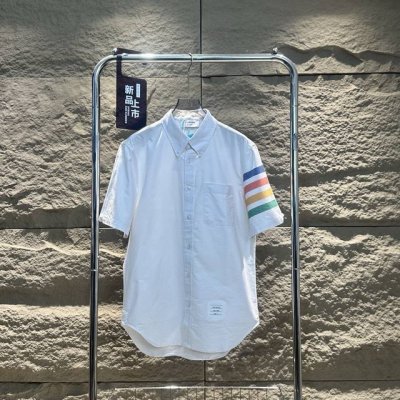 thom Browne 汤姆布朗 5Ss新款Tb彩虹条商务休闲牛津布情侣休闲衬衫短 最高版本！特殊走线工艺 完全对版 辅料：开模原版过鉴定领标 %真丝洗水标。正
