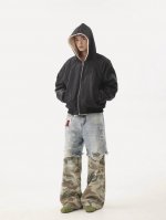 款号-857 自主Cleanfit水洗蓝撞色拼接迷彩宽松直筒牛仔长裤 颜色：蓝拼迷彩 尺码：M～Xxl