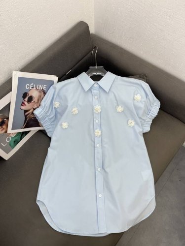 2025春夏重磅钉珠立体花朵中长款宽松衬衫女大版型衬衣 三色三码Sml 面料:棉