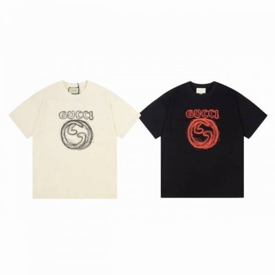 gucci 古驰 24Ss 涂鸦杂线线条双 G 刺绣情侣圆领短袖T恤-顶级原单版本 Color：黑色 杏色 Size：S M L Xl Number：25082