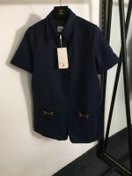 款号2045 Gucc*新款 五金皮扣装饰 半开扣短袖连体裤短裤，蓝色，Sml， M码；肩宽38，胸围100，袖长23，衣长78